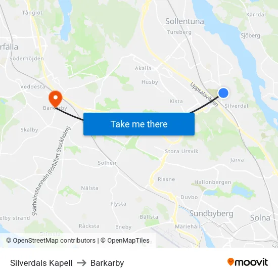 Silverdals Kapell to Barkarby map