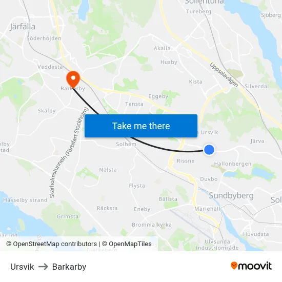 Ursvik to Barkarby map