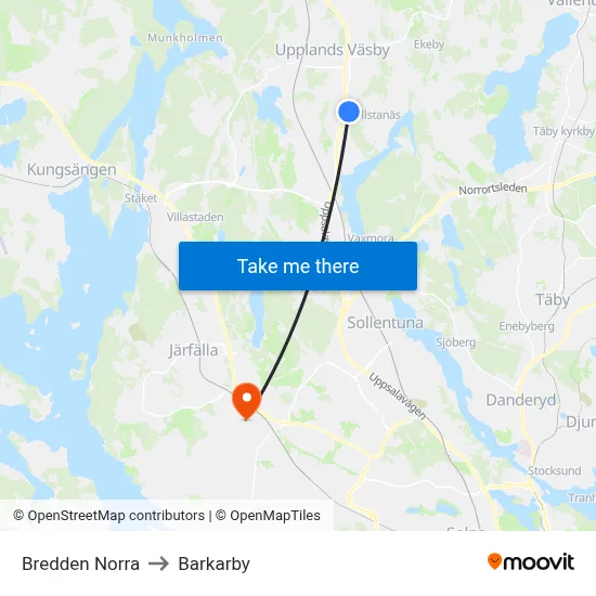 Bredden Norra to Barkarby map