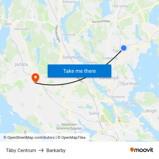 Täby Centrum to Barkarby map