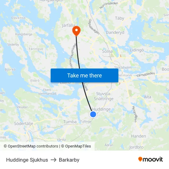 Huddinge Sjukhus to Barkarby map
