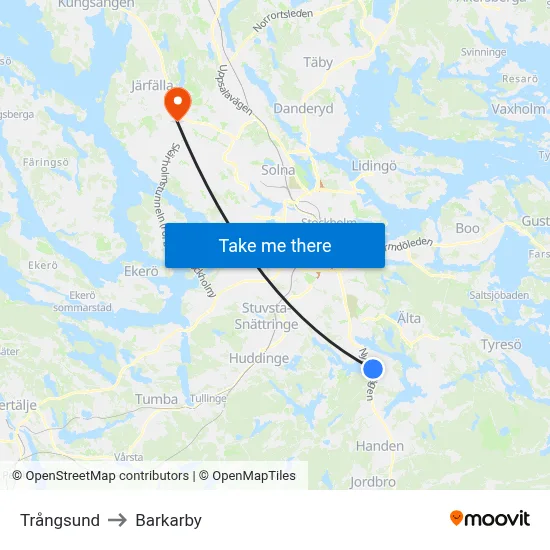 Trångsund to Barkarby map