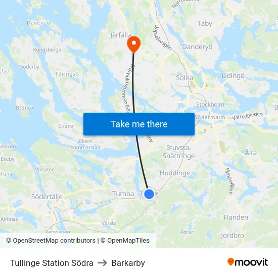 Tullinge Station Södra to Barkarby map