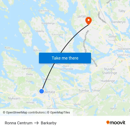 Ronna Centrum to Barkarby map