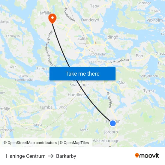 Haninge Centrum to Barkarby map