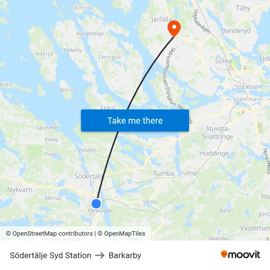 Södertälje Syd Station to Barkarby map