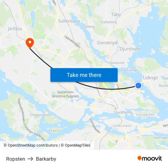 Ropsten to Barkarby map