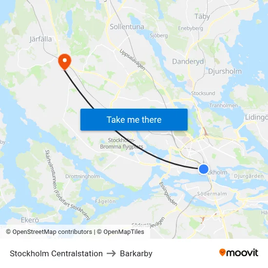 Stockholm Centralstation to Barkarby map
