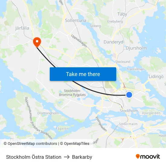 Stockholm Östra Station to Barkarby map