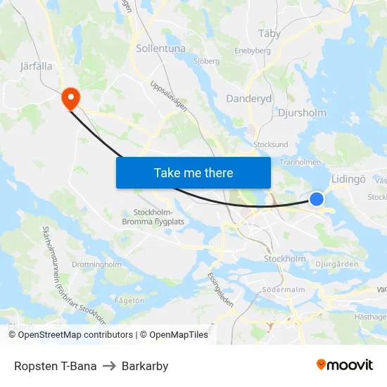 Ropsten T-Bana to Barkarby map