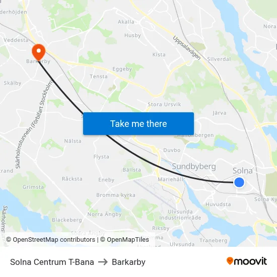 Solna Centrum T-Bana to Barkarby map