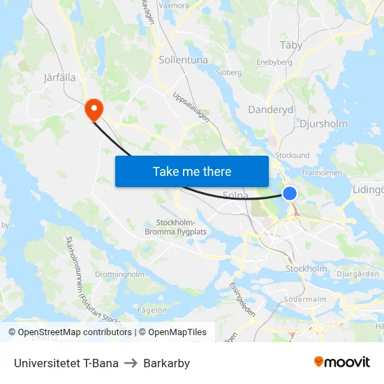 Universitetet T-Bana to Barkarby map
