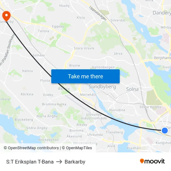 S:T Eriksplan T-Bana to Barkarby map