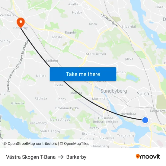Västra Skogen T-Bana to Barkarby map