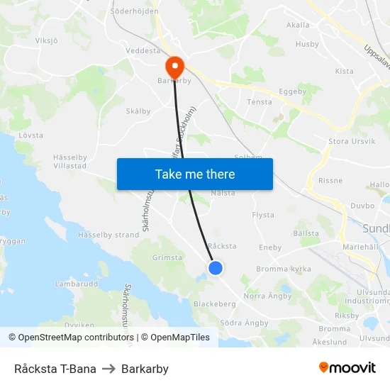 Råcksta T-Bana to Barkarby map