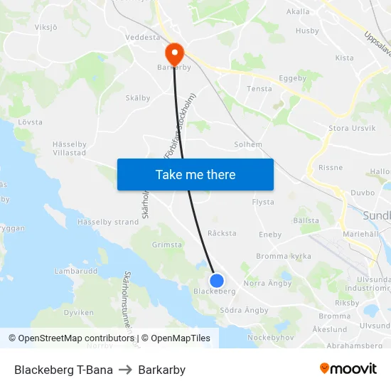 Blackeberg T-Bana to Barkarby map