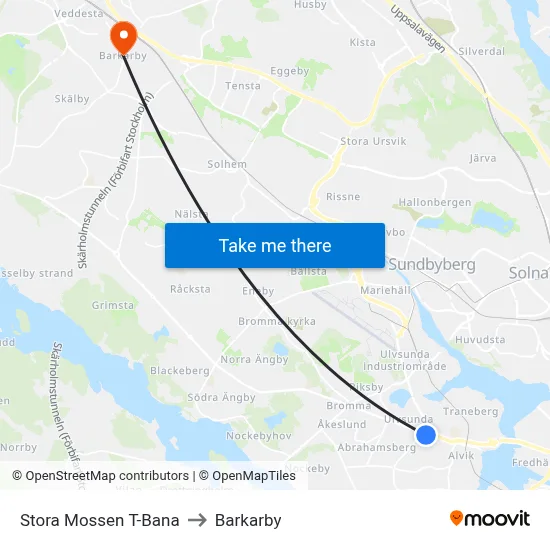 Stora Mossen T-Bana to Barkarby map