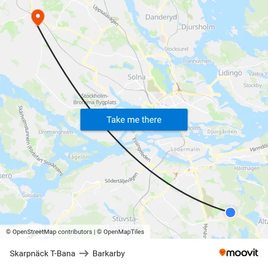 Skarpnäck T-Bana to Barkarby map