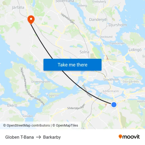 Globen T-Bana to Barkarby map
