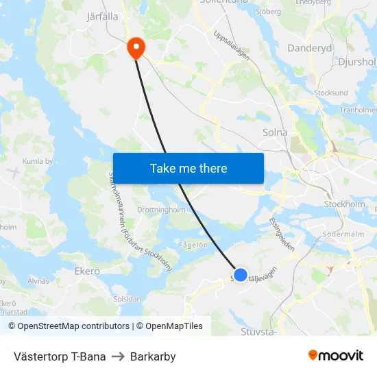 Västertorp T-Bana to Barkarby map