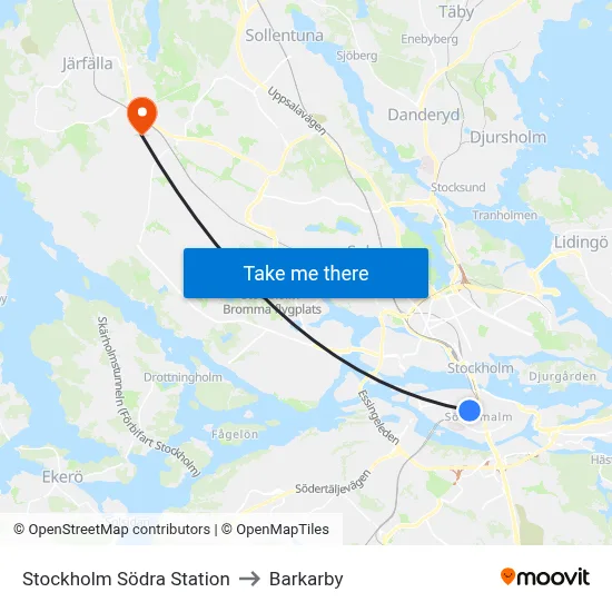 Stockholm Södra Station to Barkarby map