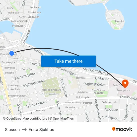 Slussen to Ersta Sjukhus map