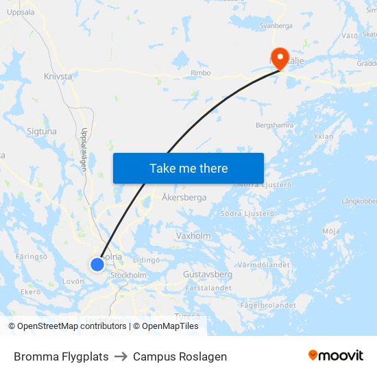 Bromma Flygplats to Campus Roslagen map
