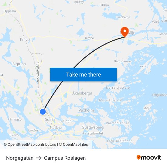 Norgegatan to Campus Roslagen map