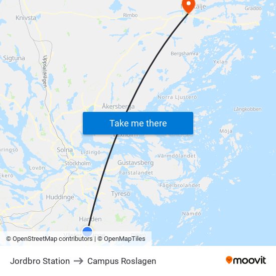 Jordbro Station to Campus Roslagen map