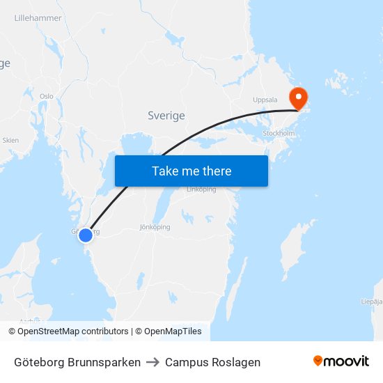 Göteborg Brunnsparken to Campus Roslagen map