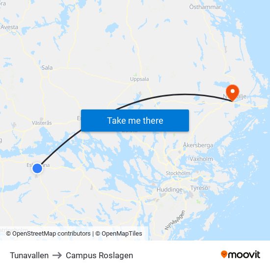 Tunavallen to Campus Roslagen map