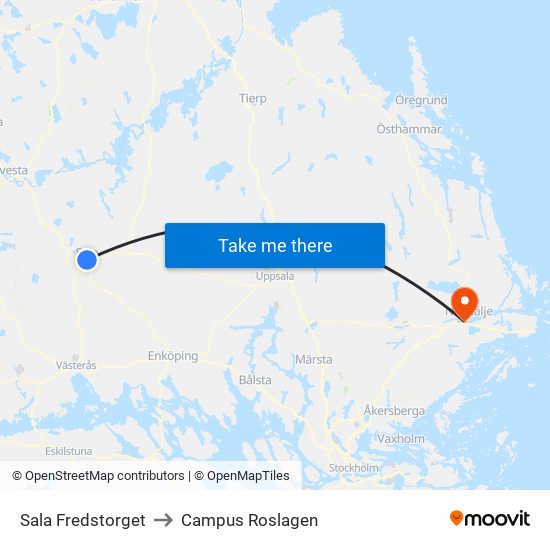 Sala Fredstorget to Campus Roslagen map