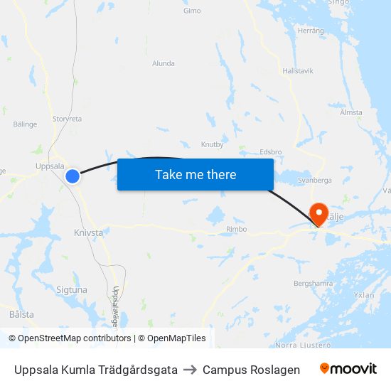 Uppsala Kumla Trädgårdsgata to Campus Roslagen map