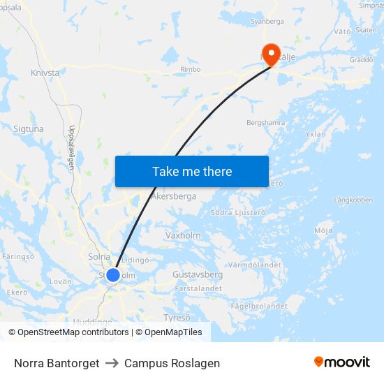 Norra Bantorget to Campus Roslagen map