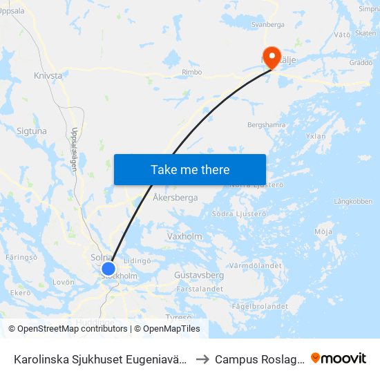 Karolinska Sjukhuset Eugeniavägen to Campus Roslagen map