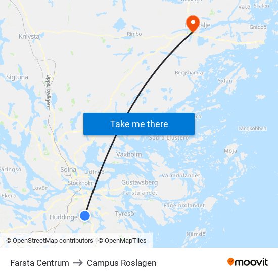 Farsta Centrum to Campus Roslagen map