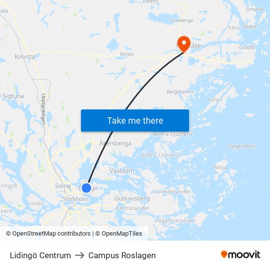 Lidingö Centrum to Campus Roslagen map