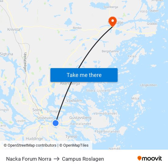 Nacka Forum Norra to Campus Roslagen map