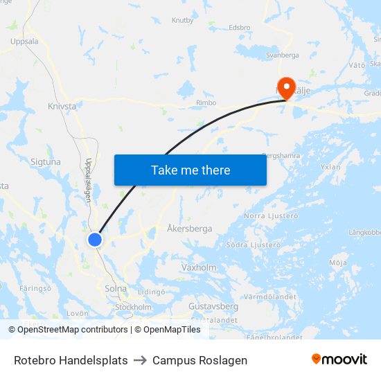 Rotebro Handelsplats to Campus Roslagen map