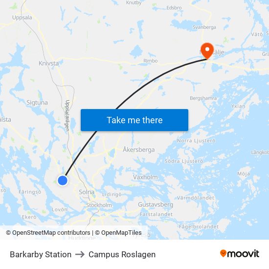 Barkarby Station to Campus Roslagen map