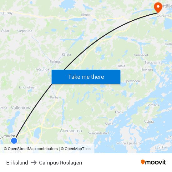 Erikslund to Campus Roslagen map