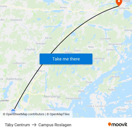 Täby Centrum to Campus Roslagen map