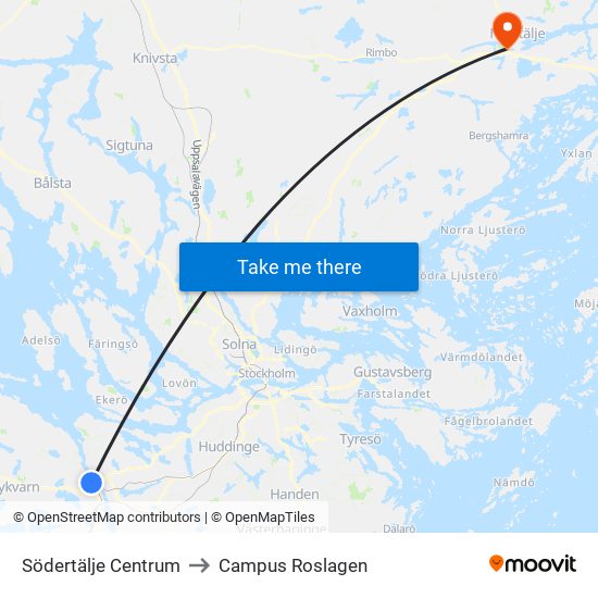 Södertälje Centrum to Campus Roslagen map