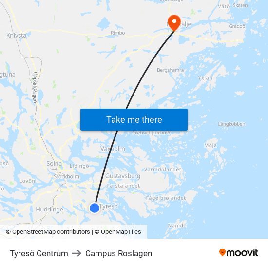 Tyresö Centrum to Campus Roslagen map