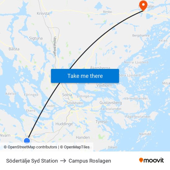 Södertälje Syd Station to Campus Roslagen map