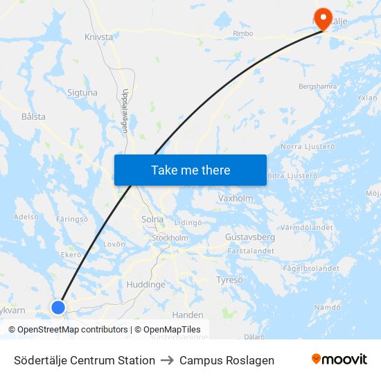 Södertälje Centrum Station to Campus Roslagen map