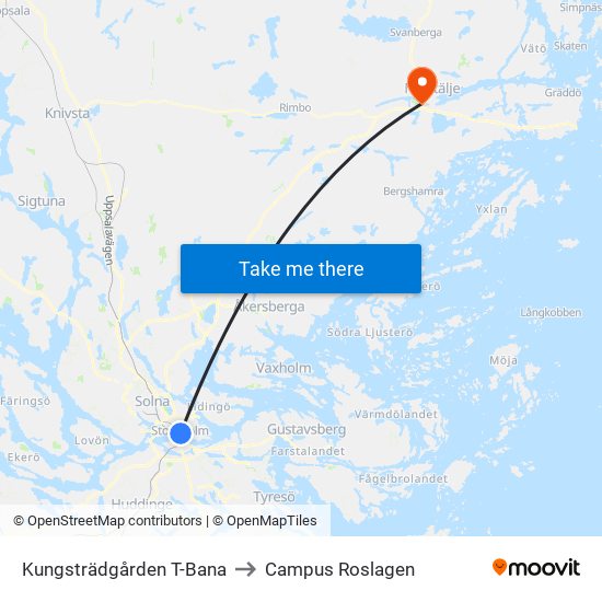 Kungsträdgården T-Bana to Campus Roslagen map