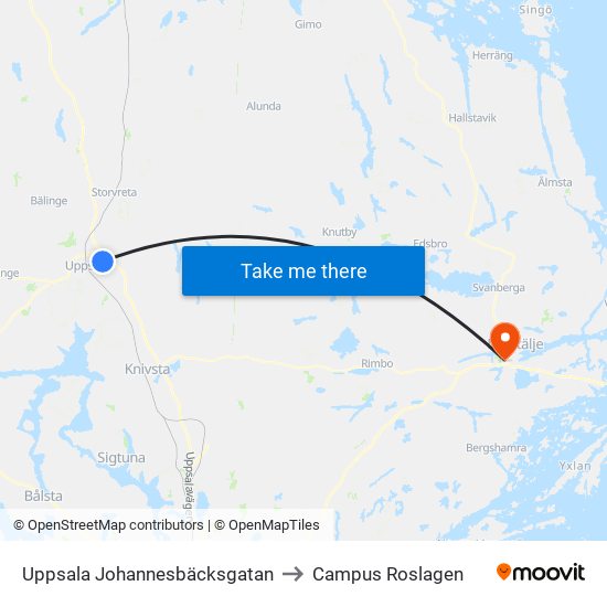 Uppsala Johannesbäcksgatan to Campus Roslagen map