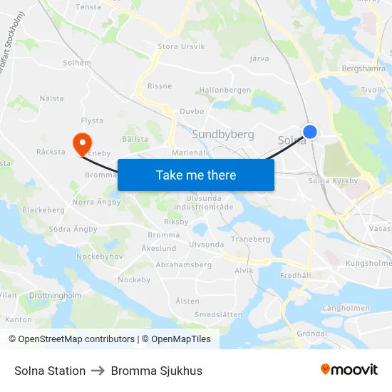 Solna Station to Bromma Sjukhus map