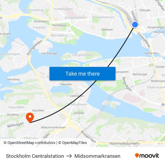 Stockholm Centralstation to Midsommarkransen map